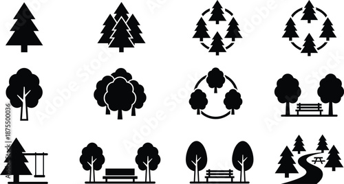 Park and forest icon set, editable vector clipart, isolated, black silhouettes, pine tree, bench, swing, path, foliage
