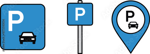Parking sign icons, navigation symbols, editable vector clipart, isolated, blue map pin, car symbol, urban planning graphics