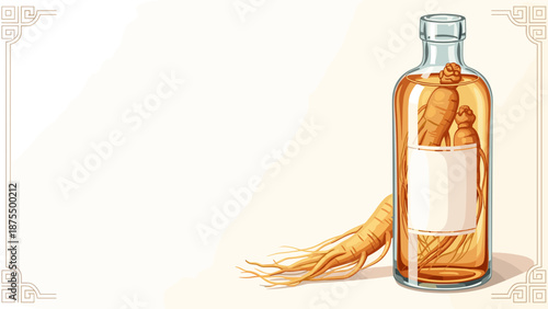 Korean red ginseng and its tincture in a glass bottle with a blank label, perfect for herbal product marketing and wellness publications