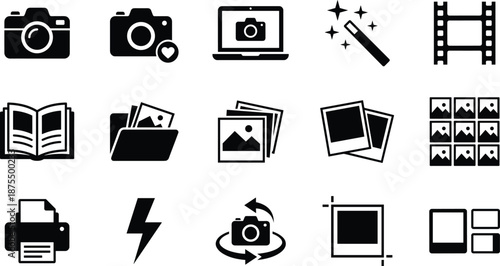 Photography icon set, editable vector clipart, isolated, black silhouettes, camera, editing, gallery, crop, print, layout, media