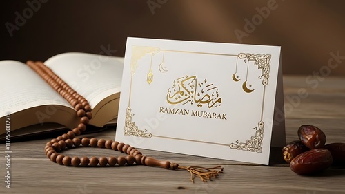 Ramzan Mubarak greeting card with dates and rosary on wooden table