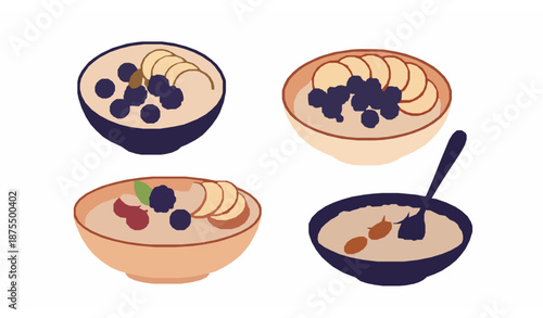 Wholesome oatmeal porridge bowl vector illustration set for healthy breakfast design