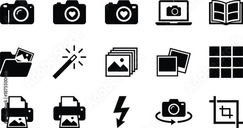 Photography icon set, editable vector clipart, isolated, black silhouettes, camera, heart lens, crop, print, gallery, editing, media