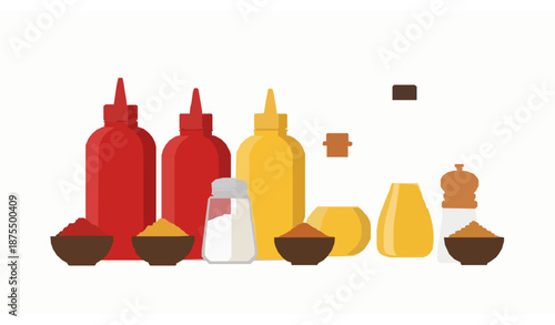 Sauce and seasoning still life flat vector illustration with condiments isolated on white