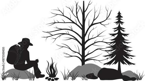 Silhouette of a lone camper sitting by a campfire, wearing a hat and backpack, surrounded by a leafless tree, evergreen tree, rocks, and grass.
