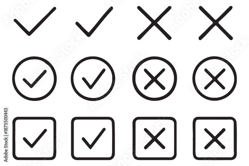 Tick and Cross checkmark vector icons in line style design for website design, app, UI, isolated on white background. Editable stroke. EPS 10 vector illustration.