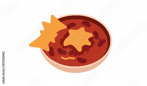 Chili con carne bowl flat vector illustration with meat beans and nachos isolated on white