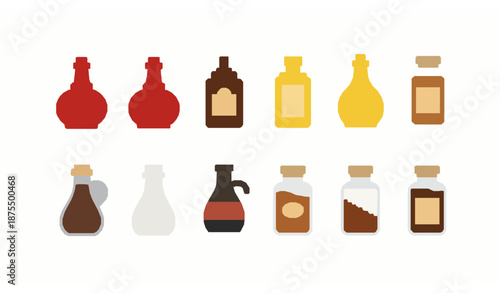 Condiment and sauce vector icon set with salt pepper and bottles on white background