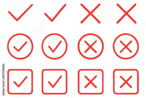 Tick and Cross checkmark vector icons in line style design for website design, app, UI, isolated on white background. Editable stroke. EPS 10 vector illustration.