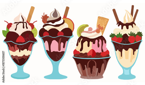 Fancy ice cream sundae cup vector illustration set for dessert and cafe design