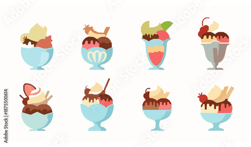 Modern ice cream sundae vector icon collection with whipped cream and toppings