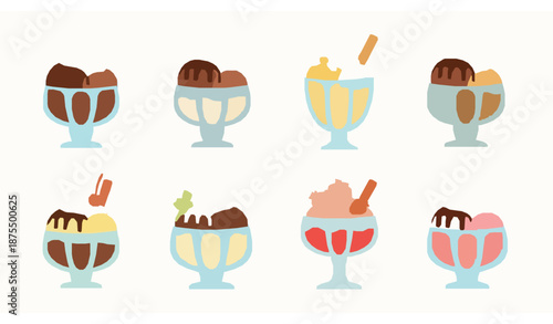 Ice cream sundae icon set with chocolate vanilla and fruit desserts in fancy cups