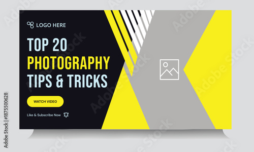 Best photo shoot tips and tricks video cover banner design, daily photography techniques video thumbnail banner design, customizable vector eps 10 file format