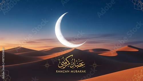 Ramadan Mubarak desert landscape with crescent moon at sunset