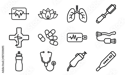 Versatile Lifestyle Icon Set Featuring Fitness Dumbbells, Blood Pressure Monitor, Calendar, Kitchen Utensils, Electric Kettle, First Aid Kit, and Decorative Tableware Collage