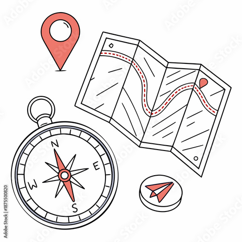 Navigation Compass, Map, and GPS Pin for Route Finding