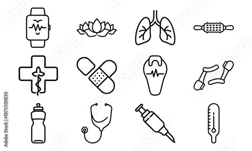 Versatile Lifestyle Icon Set Featuring Fitness Dumbbells, Blood Pressure Monitor, Calendar, Kitchen Utensils, Electric Kettle, First Aid Kit, and Decorative Tableware Collage