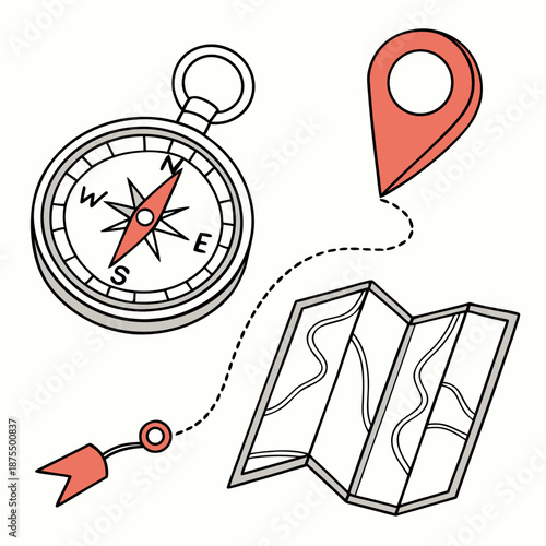 Compass, Map, and GPS Pin for Navigation Route Planning