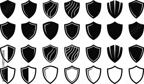 Shield icon set, editable vector clipart, isolated, black silhouettes, heraldic, protection, outline, split fill, stripe, security