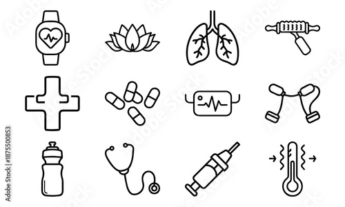 Versatile Lifestyle Icon Set Featuring Fitness Dumbbells, Blood Pressure Monitor, Calendar, Kitchen Utensils, Electric Kettle, First Aid Kit, and Decorative Tableware Collage