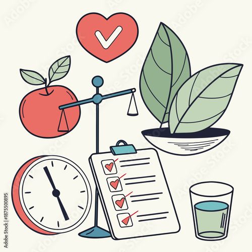 Healthy Nutrition: Apple, Heart, Scale for Wellness