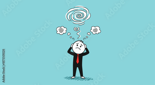 A dizzy and stressed stick figure businessman with chaotic swirls above his head, representing confusion, burnout, and mental overload.