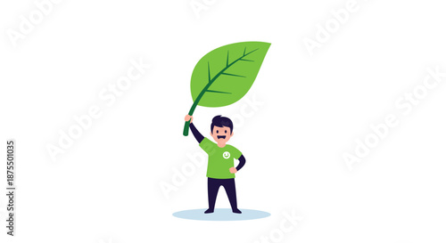 A proud environmental activist holding up a large green leaf, symbolizing ecology, nature conservation, and a sustainable lifestyle.