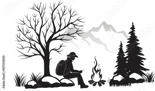 Silhouette of a lone camper sitting by a campfire, wearing a hat and backpack, surrounded by a leafless tree, evergreen tree, rocks, and grass.