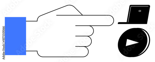 Digital communication, online tutorials, multimedia content, user interface, e-learning, streaming services. Minimalist hand pointing to a laptop and play button. Digital communication and online