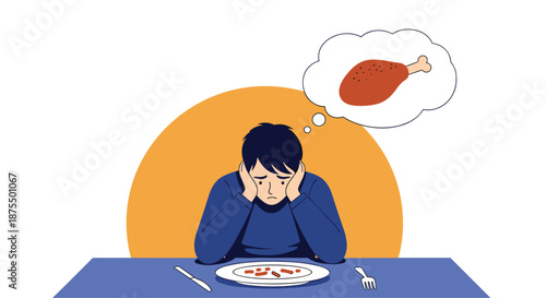 A sad and hungry man sitting at a table with a near-empty plate, dreaming of a delicious roast chicken leg due to poverty or dieting.