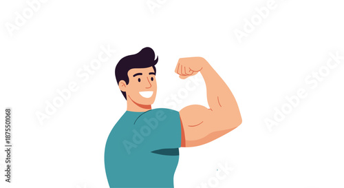 A confident and healthy young man smiling while flexing his powerful bicep muscle, showcasing strength, fitness, and vitality.