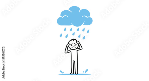 A depressed and sad stick figure standing alone under a small personal rain cloud, symbolizing grief, bad luck, and loneliness.