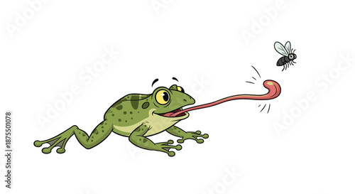 A cartoon green frog catching a fly for lunch with its long, sticky tongue in a classic depiction of the food chain in nature.