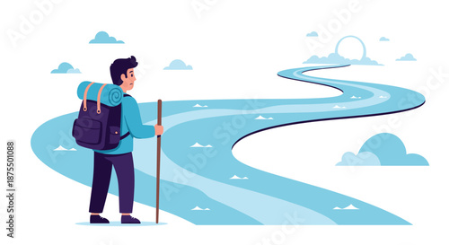 A traveler with a backpack and walking stick stands at the start of a winding path, ready to embark on a long journey of adventure.