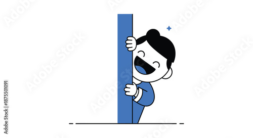 A cheerful and curious cartoon character with a big smile peeking out from behind a blue wall, symbolizing surprise and discovery.