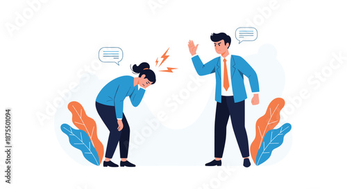An angry male boss shouting at a stressed and sad female employee, illustrating workplace conflict, harassment, and a toxic environment.