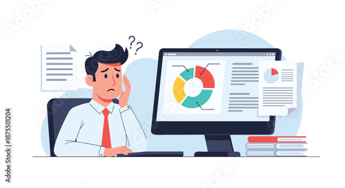 Stressed and confused businessman looking at complex charts and data on a computer screen, feeling overwhelmed by financial analysis.