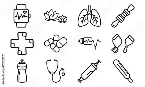 Versatile Lifestyle Icon Set Featuring Fitness Dumbbells, Blood Pressure Monitor, Calendar, Kitchen Utensils, Electric Kettle, First Aid Kit, and Decorative Tableware Collage