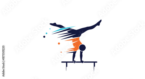 Dynamic logo icon of a gymnast in motion, performing a difficult routine on a pommel horse with colorful speed trail effects.