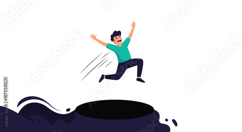 Joyful cartoon man leaping with excitement and energy over a dark hole or obstacle, symbolizing overcoming challenges with positivity.