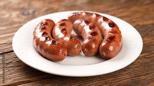 Appetizing grilled sausages with a delicious char on a white plate, presented on a rustic wooden table, perfect for a hearty meal or outdoor barbecue gathering