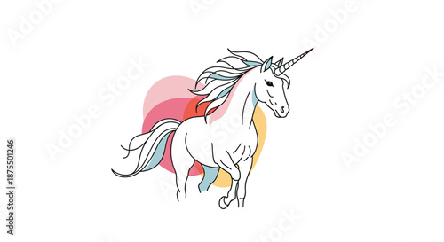 Elegant line art drawing of a majestic white unicorn with a flowing mane against a soft, colorful heart-shaped background.