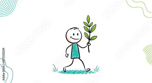 Happy stick figure character walking cheerfully in the grass while holding a green leafy branch, symbolizing nature and ecology.