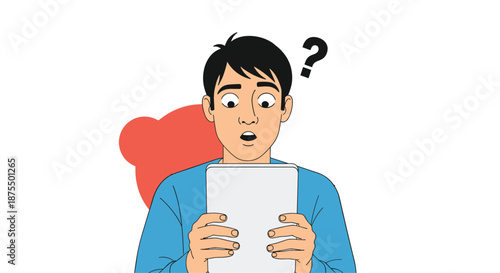 Surprised and confused man with an open mouth looking at a tablet screen, with a large question mark indicating his confusion.