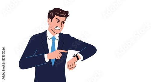 Angry businessman in a suit pointing sternly at his wristwatch, expressing frustration and impatience about being late or a deadline.