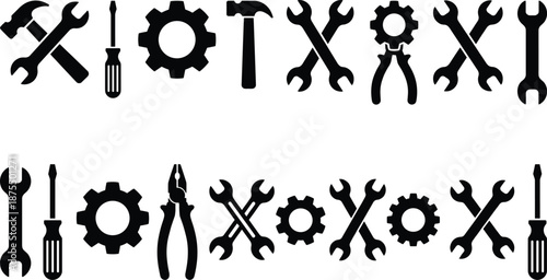 Tool icon set, silhouette graphics, hammer, wrench, screwdriver, pliers, gear shapes, black vector elements, mechanical theme