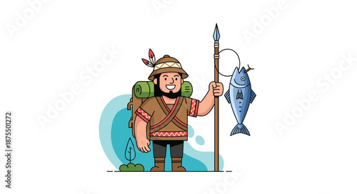 Cartoon illustration of a tribal hunter or fisherman with a beard, backpack, and spear, holding a freshly caught fish with pride.