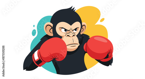 Fierce cartoon monkey or chimpanzee with an angry expression wearing red boxing gloves, ready for a fight or competition.