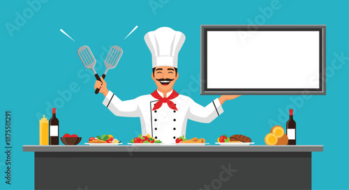 Happy professional chef holding a blank sign for copy space and two spatulas, standing behind a counter full of delicious food.