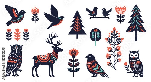 Set of decorative scandinavian folk art elements, including deer, owls, birds, trees, and flowers with intricate nordic patterns.
